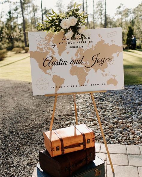 Travel Theme Welcome Sign, Travel Wedding Decorations, Wedding Ideas Travel Theme, Wedding Welcome Decor, Travel Theme Wedding Centerpieces, Travel Wedding Ideas, Wedding Invitations Travel, Adventure Wedding Theme, Travel Wedding Theme Decoration