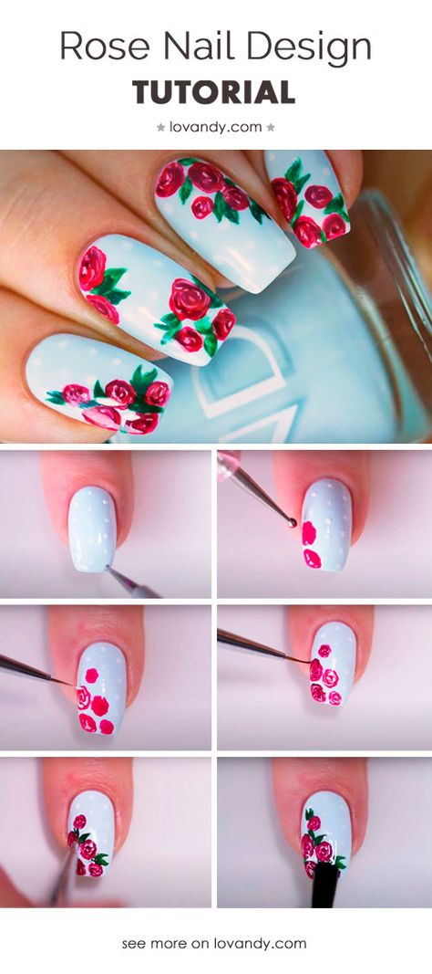 Rose Nails Design, Rose Nail Art Tutorial, Rose Nails Tutorial, Red Rose Nail Art, Roses Nail Art, Rose Nail Design, Scarlet Color, Make Step By Step, Rose Nail Art