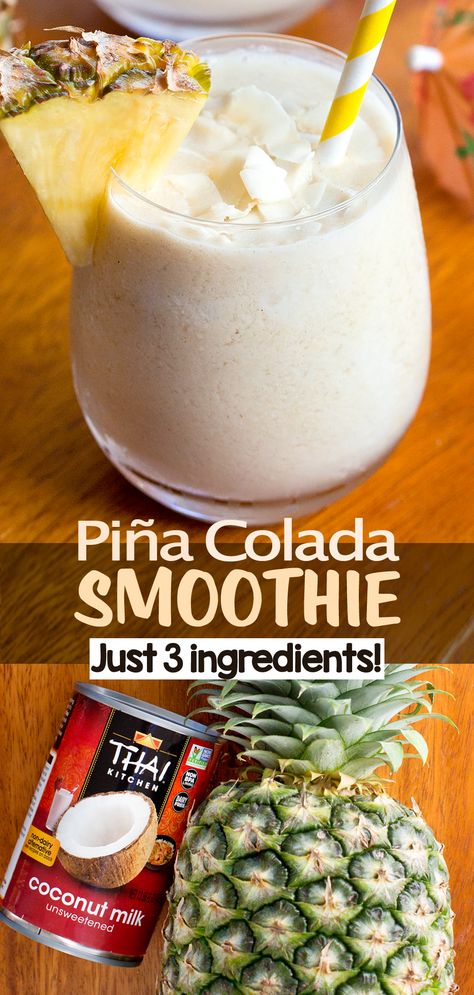 3 Ingredient Easy Piña Colada Smoothie Smoothie Recipes Coconut Milk, Coconut Milk Smoothie Healthy, Pina Colada Smoothie Non Alcoholic, Smoothie Recipes Filling, Vanilla Premier Protein Smoothie Recipes, Smoothie Pina Colada, Virgin Pina Colada Smoothie Recipes, 4 Ingredient Smoothies, Strawberry Pina Colada Smoothie