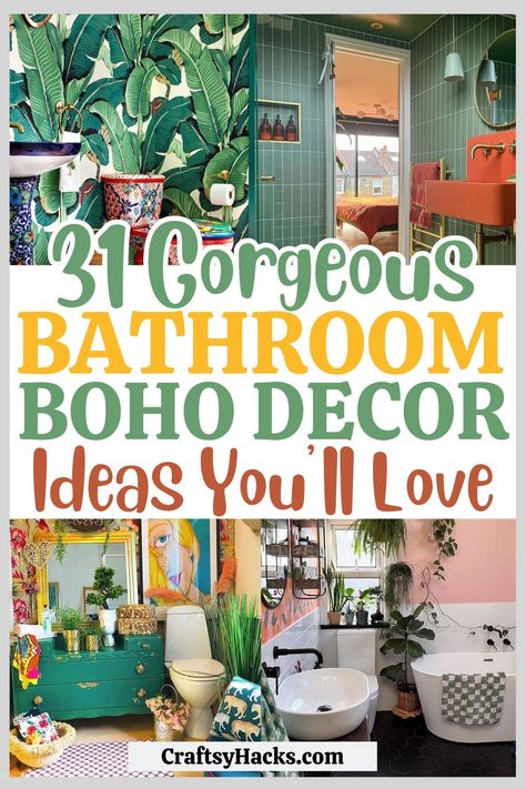 Transform your bathroom with layers of boho chic decor. Our bathroom decor ideas are perfect for those seeking both functionality and style, providing ample bathroom inspiration for a cozy, personalized retreat. Boho Shower Bathroom, Colourful Boho Bathroom, Creative Bathroom Design Unique, Simple Boho Bathroom Decor, Boho Colorful Bathroom, Colorful Bathrooms Ideas, Quirky Bathroom Ideas Creative, Cosy Bathroom Decor, Natural Life Bathroom