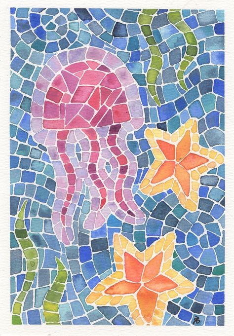 Mosaic Art Sea, Mosaic Patterns Paper, Jellyfish Mosaic Art, Mosiac Art Paper, Watercolor Mosaic Painting, Glass Mosaic Art Ideas, Mosaic Painting Ideas, Mosaic Art Drawing, Under The Sea Art Projects