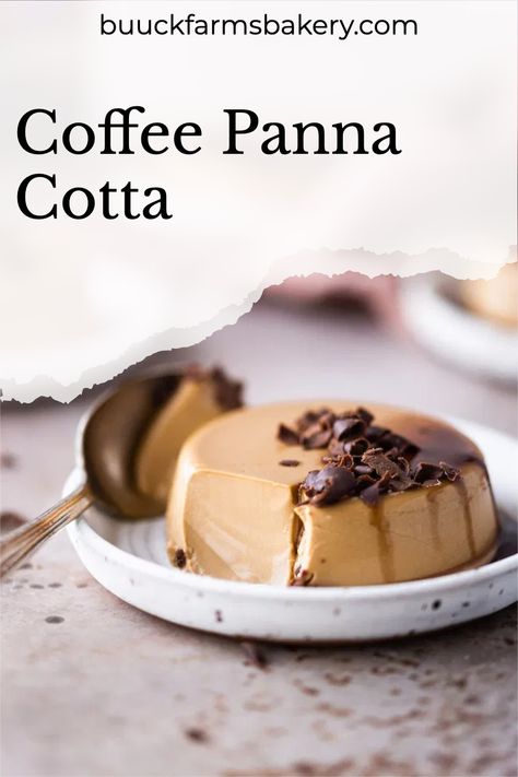 Quick and easy coffee panna cotta with chocolate caramel sauce and chocolate curls. Coffee Panna Cotta, Dessert Shooters, Panna Cotta Recipe, Creamy Coffee, Chocolate Curls, Mousse Recipes, Agar Agar, Coffee Espresso, Creamy Desserts