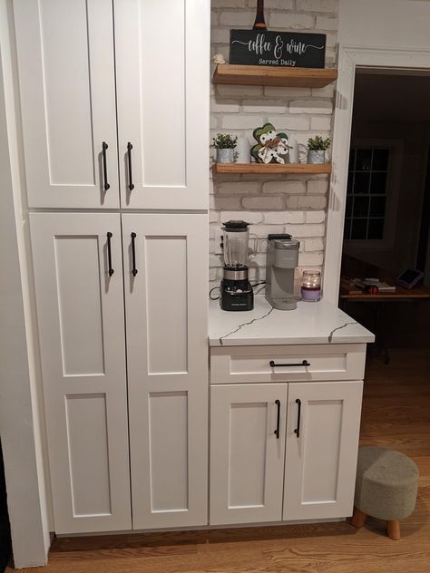 Built In Pantry With Countertop, Accent Color Cabinet In Kitchen, Coffee Bar Pantry Wall, Small Kitchen Ideas With Fridge, Pantry Hutch Cabinet, Small Coffee Bar Cabinet, Extra Cabinet Space In Kitchen, Kitchen With Garage Door Entry, Coffee Bar Pantry Cabinet