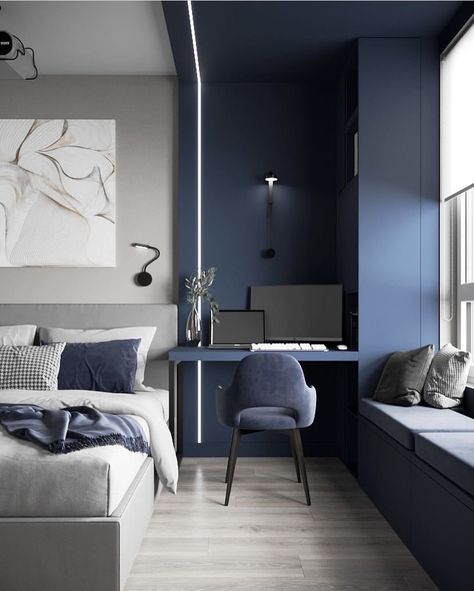 Bedroom Color Combination, Modern Minimalist Bedroom, Minimalist Bedroom Design, Bedroom Wall Colors, Kids Interior Room, Blue Bedroom, Home Room Design, Minimalist Bedroom, Bedroom Colors