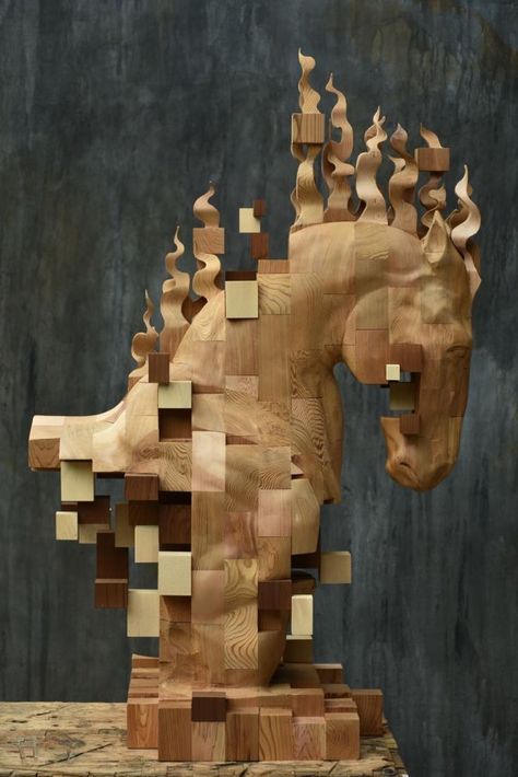 Hsu Tung Han - Pixelated Wood #Sculpture Pixel Sculpture, Epoxy Furniture, Andermatt, Carved Wood Sculpture, Horse Sculpture, Wooden Sculpture, Sculpture Installation, Horse Head, Horse Art