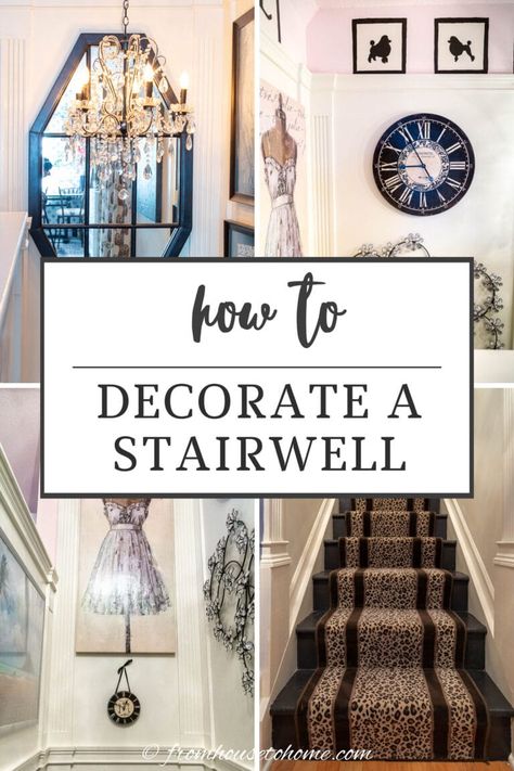 how to decorate a stairwell Wall Above Stairs Decor Stairways, Stair Decorating Ideas Wall Stairways, Basement Stair Landing Ideas, Narrow Stairwell Decor, Frames Up Staircase, How To Decorate A Stairway Wall, Stairwell Photo Wall, Basement Stairwell Decor, Stair Case Wall Designs