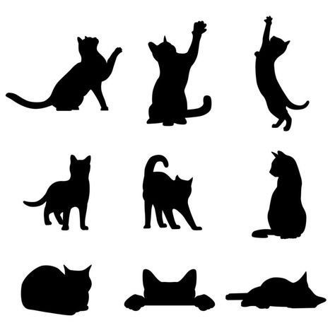 Collection of cat silhouettes in various poses isolated on white background Different Cat Poses, Black Cat Stretching Tattoo, Black Cat Silhouette Printable, Kitty Silhouette, Silhouette Chat, Cat Design Illustration, Cat Poses, Cat Standing, Cat Shadow