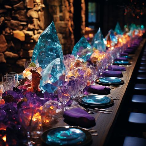 Jewel cave tablescapes that sparkle - Magical Fantasy Wedding Decor – Crystals, Caves and Candles #weddingtablescape #jewelwedding #geodedecor Wedding Crystal Decor, Planet Wedding, Crystal Theme Wedding, Crystal Themed Wedding Decor, Celestial Party Theme Decor, Element Party Ideas, Magic Centerpieces, Magical Party, Jewel Birthday Party