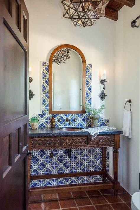 Mountain Home — Platner & Co. Mexican Bathroom Ideas, Spanish Revival Bathroom, Mexican Tile Bathroom, Spanish Style Home Interior, Spanish Style Bathrooms, Spanish Bathroom, Mexican Bathroom, Spanish Style Kitchen, Mexican Interiors