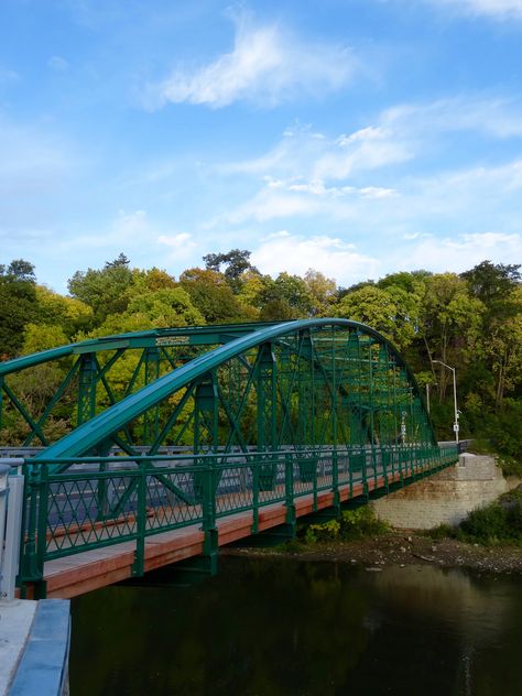 Blackfriars Bridge over the Thames River in London, Ontario, Canada. This green bridge is a historic wrought iron truss bridge. Downtown London, Blackfriars Bridge, Green Bridge, Thames River, Truss Bridge, London Ontario, Old London, River Thames, My Town