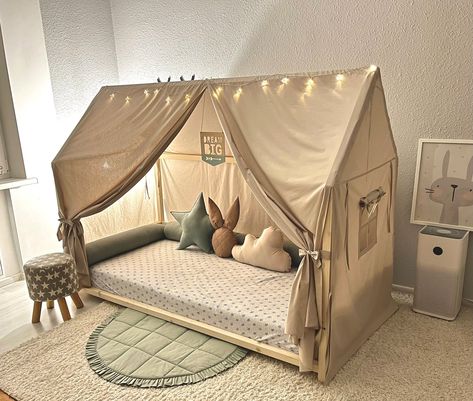 Canopy for House Bed 🔆 #MontessoriBed #ChildFurniture #ToddlerRoomDecor #NaturalMaterials #WoodenToys #KidsRoomInspiration #MontessoriHome #EcoFriendlyKids #ToddlerSleep #ParentingIdeas House Bed Canopy, Bed Montessori, Montessori House Bed, Diy Toddler Bed, Montessori House, Canopy Bed Curtains, Tent Bed, Montessori Bed, Play Tents