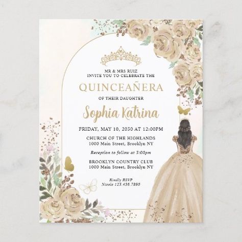 $1.27 | Budget Floral Champagne Gold Princess Quinceanera #budget quinceanera birthday invitation, faux light gold champagne, gold glitter sparkle, quinceañera mis quince quinceanera, 15th birthday xv anos, watercolor floral, princess dress gown, tiara crown, miss quince mexican, elegant modern girly glam vintage Champagne Quinceanera Theme, Budget Quinceanera, Champagne Quinceanera, Quinceñera Invitations, Rose Gold Quince, Invitations Quinceanera, Champagne Quinceanera Dresses, Quinceanera Pink, Quince Invitations