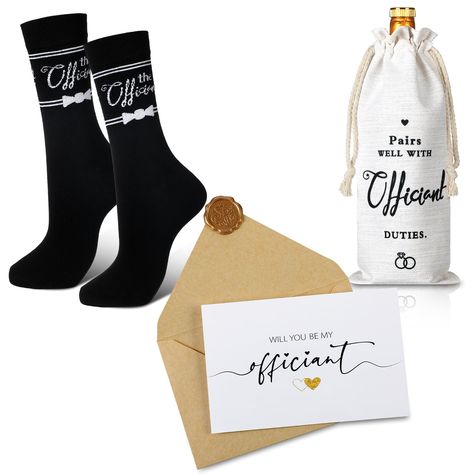 PRICES MAY VARY. Officiant Gifts Ideas: our officiant proposal gift set includes 1 pair socks, 1 wine bag, 1 greetings card, 1 matching envelope, making it a fitting thank you gift for wedding officiant that is both practical and exquisite Elegantly Designed for Officiant: Our wedding officiant gifts are printed with beautiful thank you phrases and designs that show support and appreciation, such as [ Would you like to be our officiant ], [ Pairs well with officiant duties ], etc. It is an ideal Wedding Officiant Gift Ideas, Officiant Proposal Ideas, Thank You Phrases, Officiant Proposal, Officiant Gift, Wedding Officiant Gift, Bag For Wedding, Envelope Making, 2025 Wedding