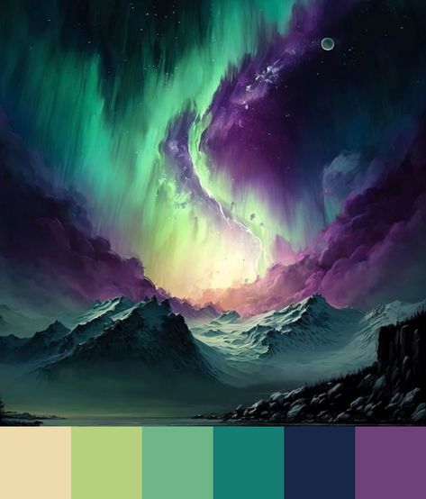 Home Decor Color Pallet Ideas, Aurora Colour Palette, Temperature Color Palette, Witch Aesthetic Colour Palette, Color Palette Mystical, Glowing Color Palette, Scotland Color Palette, Space Color Pallet, Poison Color Palette