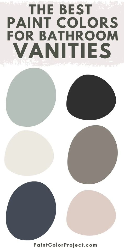 The 28 best bathroom vanity colors - The Paint Color Project Bathrooms Colors Schemes, Cabinet Color Bathroom, Painted Vanity Bathroom Ideas, Farmhouse Bathroom Painted Cabinets, Painting Bathroom Vanity Ideas, Monroe Bisque Color Scheme, Master Bath Vanity Paint Colors, Slate Bathroom Vanity, Guest Bathroom Painted Vanity