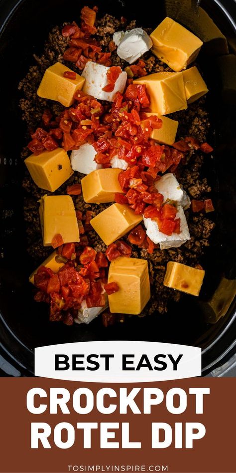 This Rotel Dip recipe is a delicious and popular warm dip appetizer. Made with chunks of meat, diced tomatoes, green chilies, and two kinds of cheese, it's easy to make in a slow cooker or stove top for any occasion! Cheese Dip With Ground Beef Crock Pot, Rotel Dip With Pepper Jack, Rotel Dip Crockpot Cream Cheese, Nacho Rotel Dip, Rotel Dip Slow Cooker, Recipes With Diced Tomatoes And Green Chilies, Chili Rotel Cheese Dip, Rotel Dip With Taco Seasoning, Cajun Rotel Dip