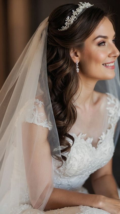 Hair Piece And Veil Wedding, Bride Hairstyles Updo Elegant Wedding Veils Bridal Headpieces, Bridal Updo Headpiece, Simple Wedding Updo With Veil, Bridal Hair With Tiara And Veil Half Up, Wedding Hairstyles Crown Tiaras, Down Wedding Hairstyles With Headpiece, Bridal Hair Veil Down, Tiara Updo Hairstyles