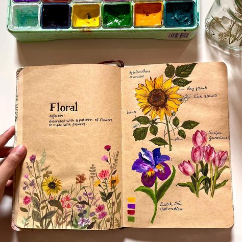 Floral spread on @stamprintslife journal 🌸🌷🌻 . Gouache paint from @miyahimi.in @thoovi.arts . . [ sunflower , tulips , pink tulips , purple flowers , iris , purple aesthetic , floral painting , patterns , journal , gouache painting] . #tulips #iris #sunflower #pinktulips #gouachepainting #journal #floralpainting #floraldesign #zartssque Painting On Different Things, Painted Flowers Aesthetic, Pretty Pictures To Paint, Colour Journal Ideas, Botanical Flower Illustration, Painting In Journal, Aesthetic Art Watercolor, Aesthetic Floral Painting, Flower Journaling