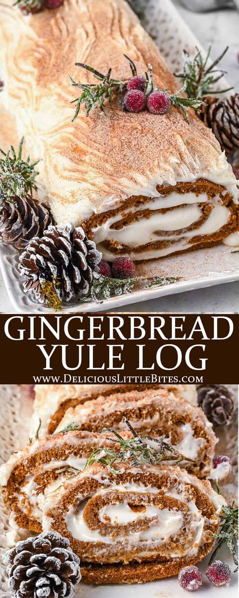 This Gingerbread Yule Log is made with a gingerbread sponge cake that is filled with a rum flavored cream cheese frosting. When decorated with rosemary, cranberries and even small pine cones, it makes the most beautiful holiday centerpiece. | #gingerbread #yulelog #yulelogcake #gingerbreadyulelog #christmas #christmascake Yule Log Recipe Christmas, Yule Baking Recipes, Yule Log Cake Flavors, Eggnog Yule Log, Yule Log Dessert, Christmas Pastries Ideas, Pagan Yule Recipes, Christmas Yule Log Cake Recipe, Easy Yule Log Cake Recipe