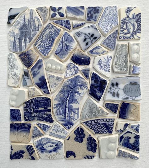 mosaic composition with vintage blue china Blue Mosaic Tile, Mosaic Art Projects, Found Object Art, Blue Mosaic, Vintage Tile, Mosaic Garden, Blue Pottery, Ceramics Pottery Art, Porcelain Art