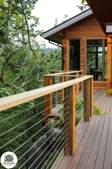 25 Awesome Deck Railing Ideas for Your Backyard Deck Wood Cable Railing Deck, Wood Deck Railing Ideas, Deck Ideas Off Back Of House, Elevated Deck Ideas, Back Deck Ideas, Trex Deck Railing, Wood Deck Railing, Cable Railing Deck, Deck Railing Ideas