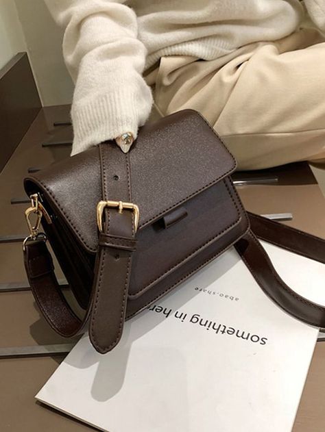 Coffee Brown Elegant PU Leather Plain Square Bag Women Bags Small Shoulder Bags, Small Messenger Bag, Luxury Crossbody, Women Crossbody Bag, Oui Oui, Leather Messenger Bag, Shoulder Messenger Bag, Leather Messenger, Small Crossbody Bag