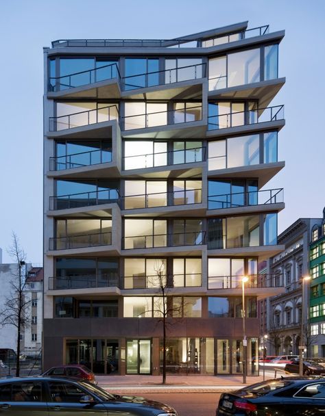 Apartments Charlotte  Architects: Michels Architekturbüro Location: Charlottenstraße, 10117 Berlin, Germany Apartment Exterior, Residential Building Design, Mix Use Building, Apartment Architecture, Amazing Buildings, Building Facade, Architecture Exterior, Facade Architecture, Facade Design