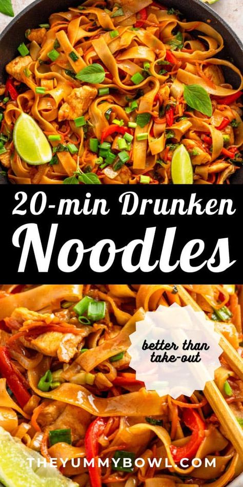 If you love Thai cuisine, you probably know about Drunken Noodles, otherwise known as Pad Kee Mao. They are simply delicious and making them homemade is so much healthier!rnrn Spicy Drunken Noodles, Drunken Noodles Recipe, Thai Recipes Noodles, Pad Kee Mao, Asian Noodle Dishes, Asian Noodle Recipes, Drunken Noodles, Noodle Recipes Easy, Chinese Cooking Recipes