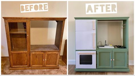 Diy Kids Kitchen, Old Entertainment Centers, Furniture Remodeling, Diy Kids Furniture, Kids Play Kitchen, Entertainment Center Kitchen, Play Furniture, Diy Play Kitchen, Entertaining Kitchen