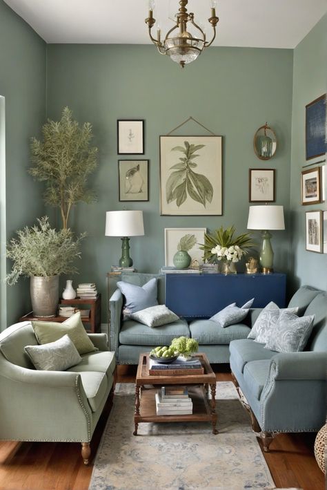 Why Dazzling Denim Blue and Sage Green Make the Coziest Sitting Room Duo [2024] #Ad #homedecor #homedesign #fixhome #Painthome #interiorarchitecture Blue Floral Living Room Decor, Cool Color Scheme Interior Design, Beige And Blue Apartment, Green Blue Living Room Ideas, Blue Green Color Palette Living Room, Green Walls Blue Furniture, Blue Green House Interior, Green Blue And Grey Living Room, Light Blue Green Living Room