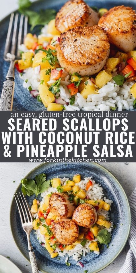 Seared Scallops with Coconut Rice and Pineapple Salsa will instantly give you all the island vibes, transporting you instantly to the beach with the first bite. Perfectly pan-seared scallops with a golden brown exterior sit atop a pile of sweet, vibrant pineapple salsa and creamy coconut rice for the ultimate trifecta of flavors. You'll love this easy dinner that's ready in under 30 minutes! Want an even quicker weeknight dinner? There are Instant Pot directions for cooking the rice too! Dairy Free Scallops Recipe, Fish Summer Recipes, Spring Fish Recipes, Thai Scallop Recipes, Summer Scallop Recipe, Tropical Dishes Food, Quick Summer Recipes, Summer Pescatarian Recipes, Gluten Free Spring Recipes