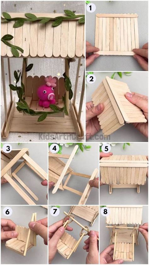 Things You Can Make Out Of Popsicle Sticks, Fairy House Popsicle Sticks, 3d Popsicle Stick Crafts, Cool Things To Do With Popsicle Sticks, Popsicle Stick Mini Furniture, Lollipop Sticks Craft Ideas, Things To Make With Popsicle Sticks Diy, Popsicle Stick Flowers, Popsicle Stick Fairy Garden Ideas