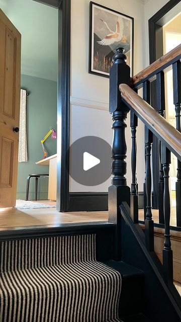 Katherine | Interior design & DIY on Instagram: "I always get asked where our stair runner ends, so hopefully this helps!   The stair runner ends on the top riser, we then painted the very top step / floorboard in @farrowandball Railings to create an end to the stair colour. The floorboards were sanded and sealed with @osmo_uk in Polyx-oil raw matt finish.  We have floorboards in the bedrooms so I think having it run through the landing too creates continuity.  Do you have floorboards on your landing or do you prefer a cosy carpet? .  DETAILS The stair carpet runner is from @hughmackaycarpets and called Deco Collection Two Tone Magpie Stripe. We bought from a local carpet shop and they also organised the fitting.  The stairs are painted in Railings by @farrowandball.  Walls are Strong Whit Black Painted Stairs With Carpet Runner, Stair Runner Top Step, Painted Stairs And Landing, Top Stairs Landing Decor, Stairway Carpet Runner Ideas, Stair Runner Landing Turn, Stair Runner Top Of Stairs, Stair Runner Carpet Top Of Stairs, Stair Runner And Landing