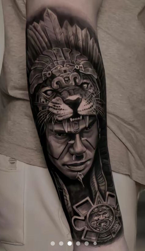 Mayan Jaguar Tattoo Design, Aztec Jaguar Warrior Tattoo, Mexican Indian Tattoo, Aztec Tattoos Sleeve Mexican Style, Aztec Arm Tattoo, Mayan Tattoos Men, Aztec Warrior Tattoo Men, Aztec Gods Tattoo, Mayan Warrior Tattoo