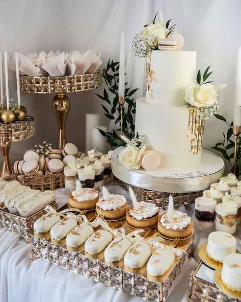 40 Dessert Table Ideas on a Budget – Wedding Dessert Table Beige And White Engagement Party, Engagement Dessert Table Ideas, Nikkah Table, Wedding Treats Table, Sweets Table Ideas, Elegant Dessert Table, Wedding Sweet Table, Gold Dessert Table, White Dessert Tables