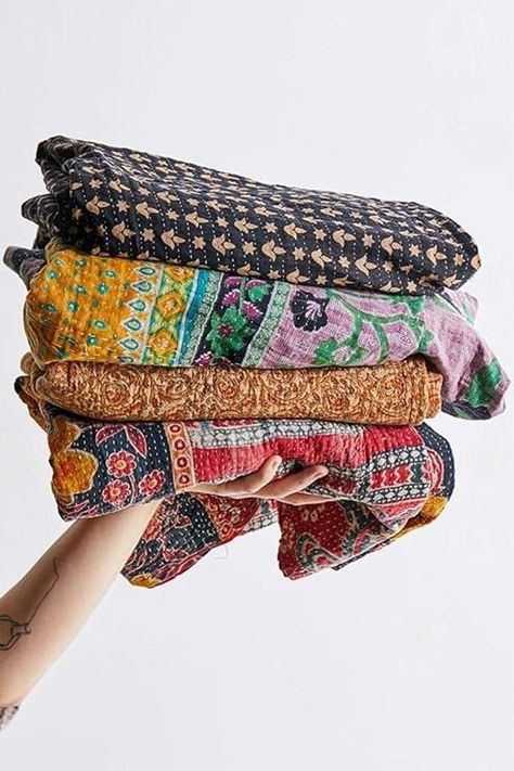 Amazon.com: Royal Craft Indian Vintage Kantha Quilt Handmade Throw Reversible Cotton Blankets 1 Quilt Assorted Colors RCKQT0096 RCKQT0096 55X85 Inches : Home & Kitchen Textiles Inspiration, Artisan Clothing, Sari Quilt, Quilts Vintage, Bohemian Quilt, Bohemian Blanket, Kantha Throw Blanket, Bohemian Bedspread, Boho Quilt