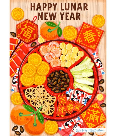 Chinese New Year Design Illustration, Lunar New Year 2024, Chinese New Year Drawing, Chinese Food Illustration, Cny Illustration, Tet Illustration, Chinese New Year Painting, Lunar New Year Illustration, Lunar New Year Art