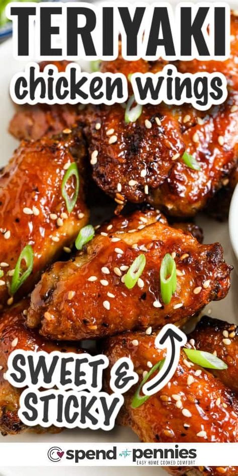 These teriyaki chicken wings are the perfect snack, appetizer, or lunch. Sticky and sweet are what makes these wings so finger-licking delicious. Simply toss some wings with a homemade or store bought teriyaki sauce and some seasonings, then cook in the air fryer and serve. So easy! #teriyakichickenwings #teriyakiwings #teriyakichickenwingsrecipe #spendwithpennies Teriyaki Wings Recipe, Baked Teriyaki Chicken Wings, Teriyaki Chicken Wings Recipe, Chicken Wing Seasoning, Teriyaki Wings, Teriyaki Chicken Wings, Baked Teriyaki Chicken, Wing Sauce Recipes, Easy Teriyaki Chicken