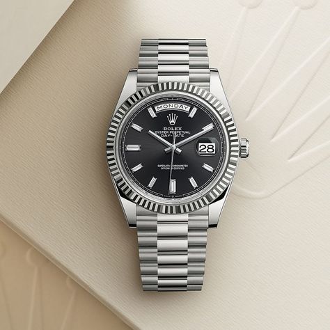 The ultimate watch of prestige. The Rolex Day‑Date 40 in White gold, 40 mm case, bright black set with diamonds dial, a President bracelet. Rolex Day Date 40, Ladies Rolex Watches, Sporty Watch, Rolex Watches Women, Grand Seiko, Rolex Yacht Master, Rolex Date, New Rolex, Old Money Style