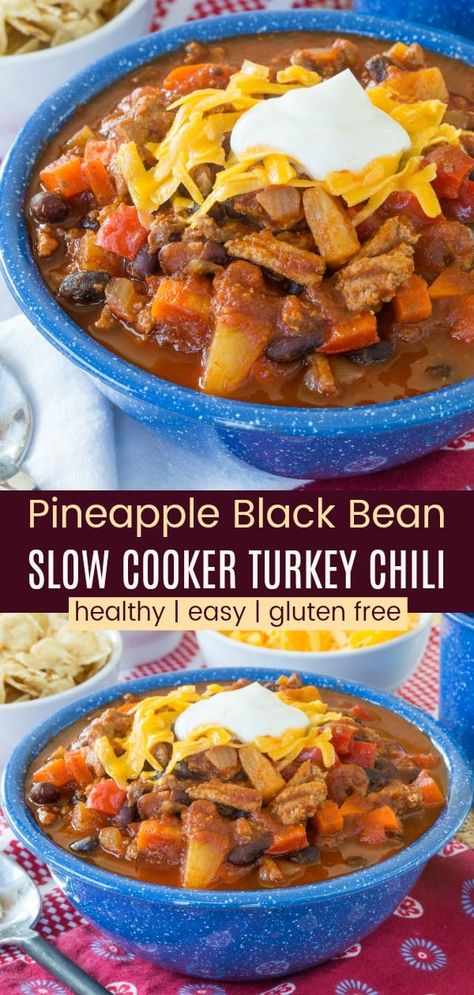 Pineapple Black Bean Slow Cooker Turkey Chili - this easy crockpot recipe is a sweet and spicy comfort food dinner from your crockpot. Hearty and healthy because it is made with ground turkey, plus it's naturally gluten free. #chili #crockpot #glutenfree Pineapple Chili Recipe, Slow Cooker Turkey Chili Recipe, Turkey Chili Recipe Crockpot, Easy Crockpot Chili, Crockpot Chili Recipe, Chili Turkey, Easy Chili Recipe Crockpot, Healthy Chili Recipe Turkey, Turkey Chili Crockpot