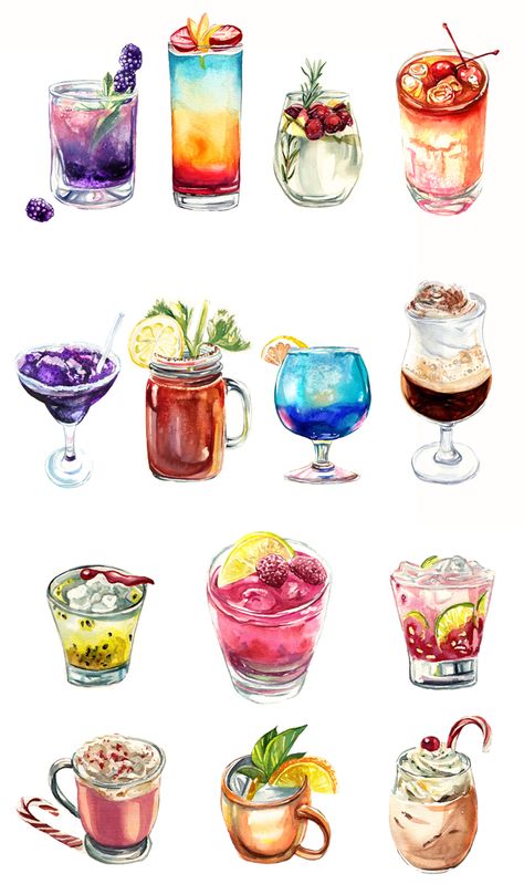 Cocktails on Behance Watercolor Drink Illustration, Drawing Of Drinks, Cocktail Drawing Illustration, Sangria Drawing, Cocktail Sketch, Drinks Drawing, Cocktail Drawing, Cocktail Painting, Cocktail Watercolor