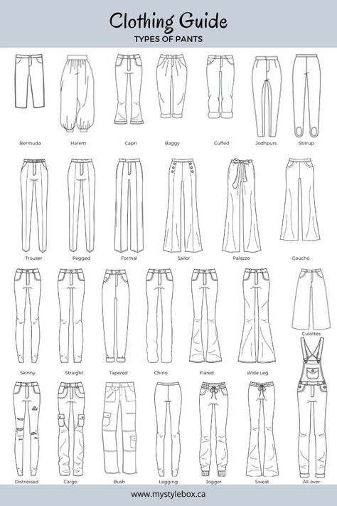 Types Of Pants Drawing, Types Of Pants Illustration, Clothing Drawings Outfits, Drawing Of Clothes Outfits, Clothing Sketches Pants, Clothing Guide Types Of Dresses, Pants Ideas Drawing, Sketching Clothes For Beginners, Pants Sketch Fashion Illustrations