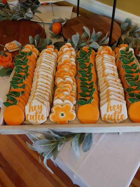 Little cutie themed baby shower royal icing decorated cookies Cutie Orange 1st Birthday, Cuties Dessert Table, Cutie Patootie Birthday, Clementine Themed Party, Cutie Gender Reveal Cake, What Will The Cutie Be, Orange Theme Dessert, Cutie Cookies Ideas, Clementine Decorations