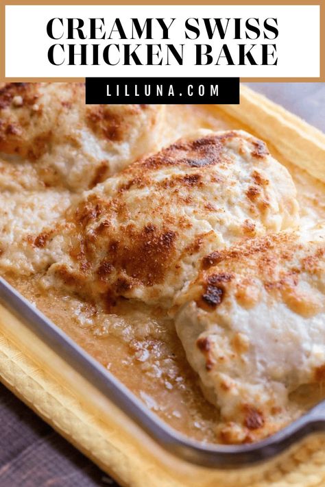 Delicious Creamy Swiss Chicken Bake - a simple and delicious dinner recipe that includes Swiss and Parmesan cheeses and baked to perfection. #creamyswisschickenbake #chickenbake #swisschicken #creamychickenbake #chicken Creamy Swiss Chicken, Swiss Cheese Chicken, Creamy Baked Chicken, Swiss Cheese Recipes, Swiss Chicken Bake, Tender Recipes, Creamy Chicken Bake, Recipes Sandwiches, Swiss Chicken