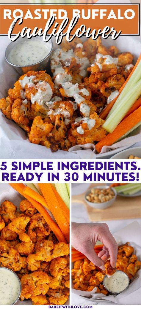 Oven Roasted Buffalo Cauliflower, Roasted Cauliflower Bites, Buffalo Cauliflower Oven, Finger Food Sides, Cauliflower Recipes Baked, Cauliflower Appetizer Recipes, Buffalo Cauliflower Baked, Cauliflower Wings Recipes, Firecracker Cauliflower