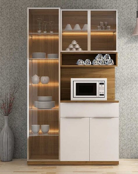 New Crockery Unit Design, Crockery Unit Design With Microwave, Crockery Unit Design With Oven, Kitchen Crockery Cabinet, Cupboard For Crockery, Kitchen Crockery Design, Crockery Unit With Microwave, Crocery Almirah Designs Modern, Crocery Almirah Designs