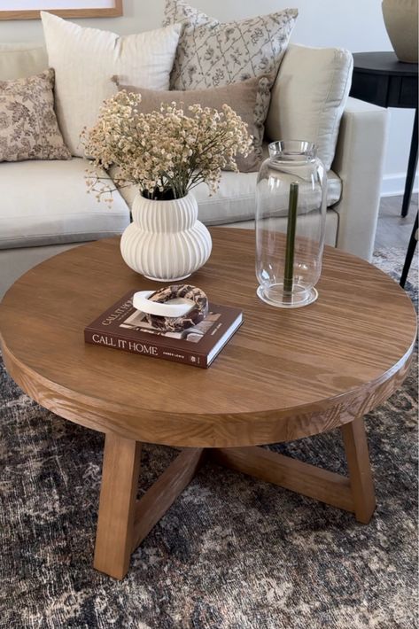 Living Room Decor Round Coffee Table, Round Coffee Table Small Living Room, Round Boho Coffee Table, Coffee Table Round Decor, Round Or Square Coffee Table, Coffee Table Ideas Living Room Modern, Nancy Meyers Coffee Table, Styled Coffee Table, Styling Round Coffee Table