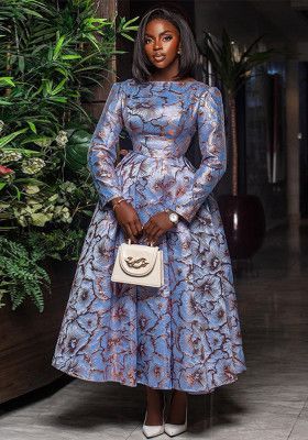 Women Spring Round Neck Long Sleeve Maxi Pleated Dress Brocade Dresses, Classy Dress Outfits, African Design Dresses, Latest African Fashion Dresses, African Dresses For Women, Spring Outfits Women, African Attire, African Fashion Dresses, Hem Dress