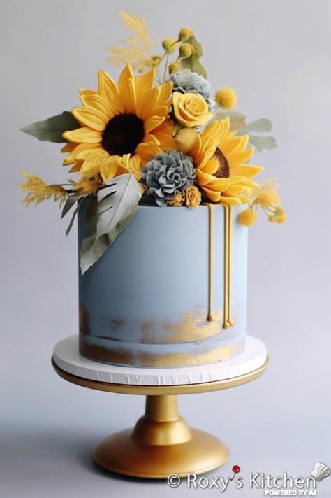 20+ Dusty Blue Cakes with Vibrant Sunflowers - Roxy's Kitchen Blue Cake With Sunflowers, Cake With Sunflower Design, Sunflower Anniversary Cake, Sunflower Cake Decorating Ideas, Sunflower Cake Ideas Birthday, Sunflower Wedding Cake Ideas, Cakes With Sunflowers, Birthday Cake Sunflower, Sunflower Cake Ideas