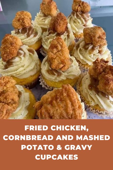 Mashed Potato Smash Cake, Cornbread Mashed Potato Cupcake, Chicken Nugget Birthday Cake, Cornbread Cupcakes With Mashed Potatoes, Chicken Nugget Side Dishes, Chicken Nugget Sides, Dino Nugget Mashed Potato Volcano, Soul Food Cupcakes, Chicken Nuggets Side Dish